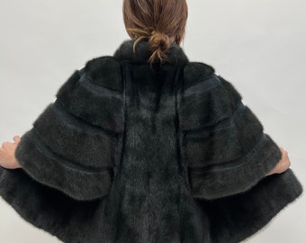 Real Midnight Blue Mink Fur Cape Style Jacket With Sheared