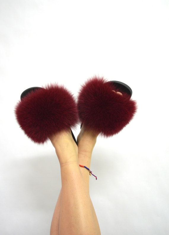 burgundy fur slides