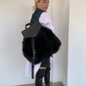 Real leather black fox fur backpack, real fox fur school bag,leather rucksack with adjustable straps and handle leather bag.