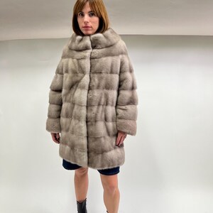 Real Silver Mink Fur Stroller Coat, High Collar - Size Small/Medium