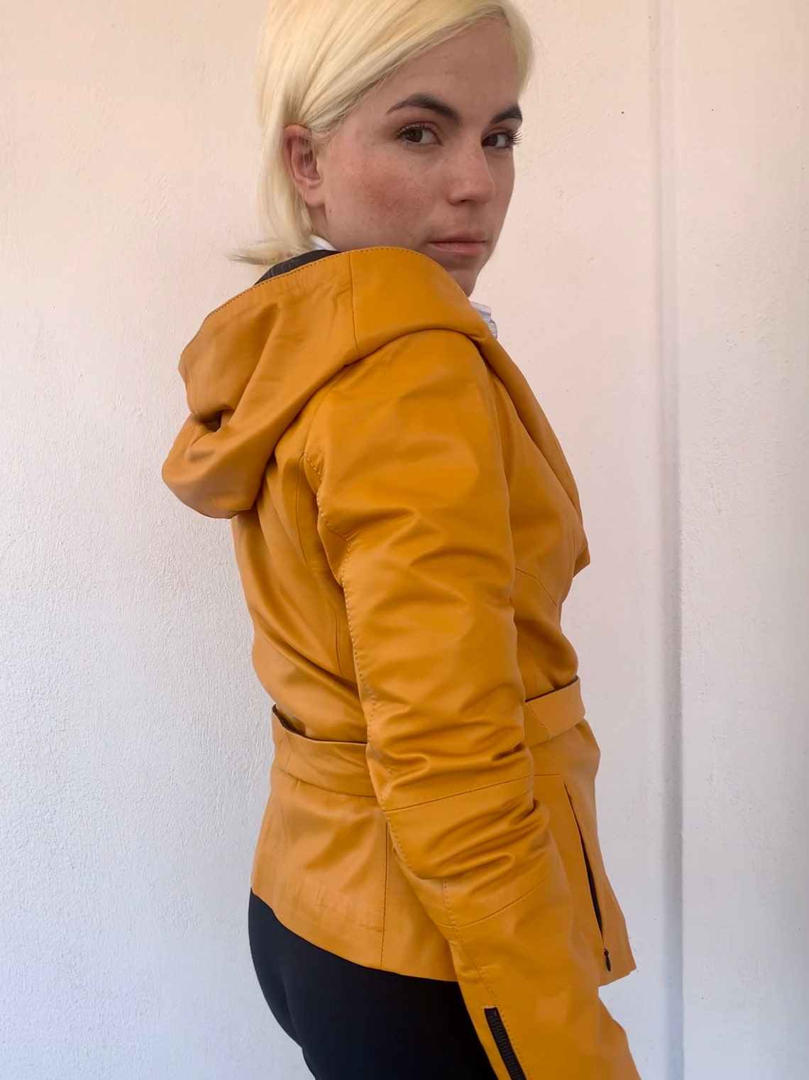 Real leather mustard unique hooded jacket genuine nappa calf Etsy