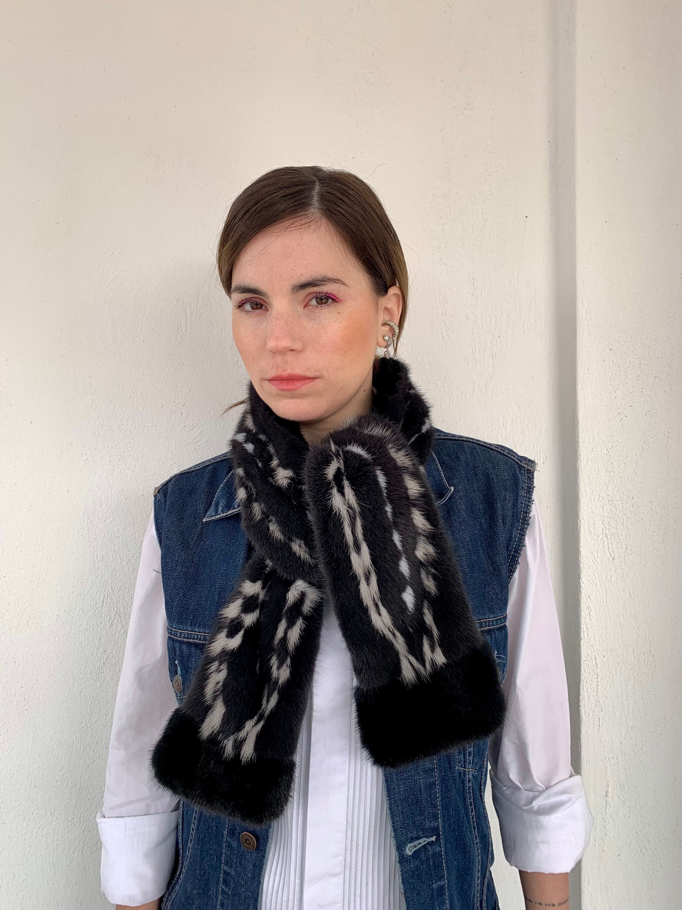 Genuino bufanda de piel de visón gris intarsia en - España