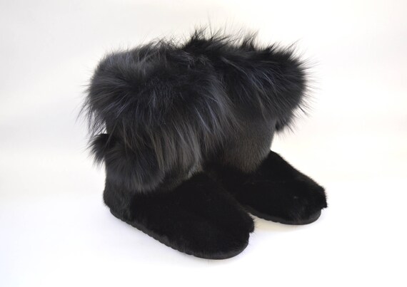 Real mink Fur boots black fox Fur 