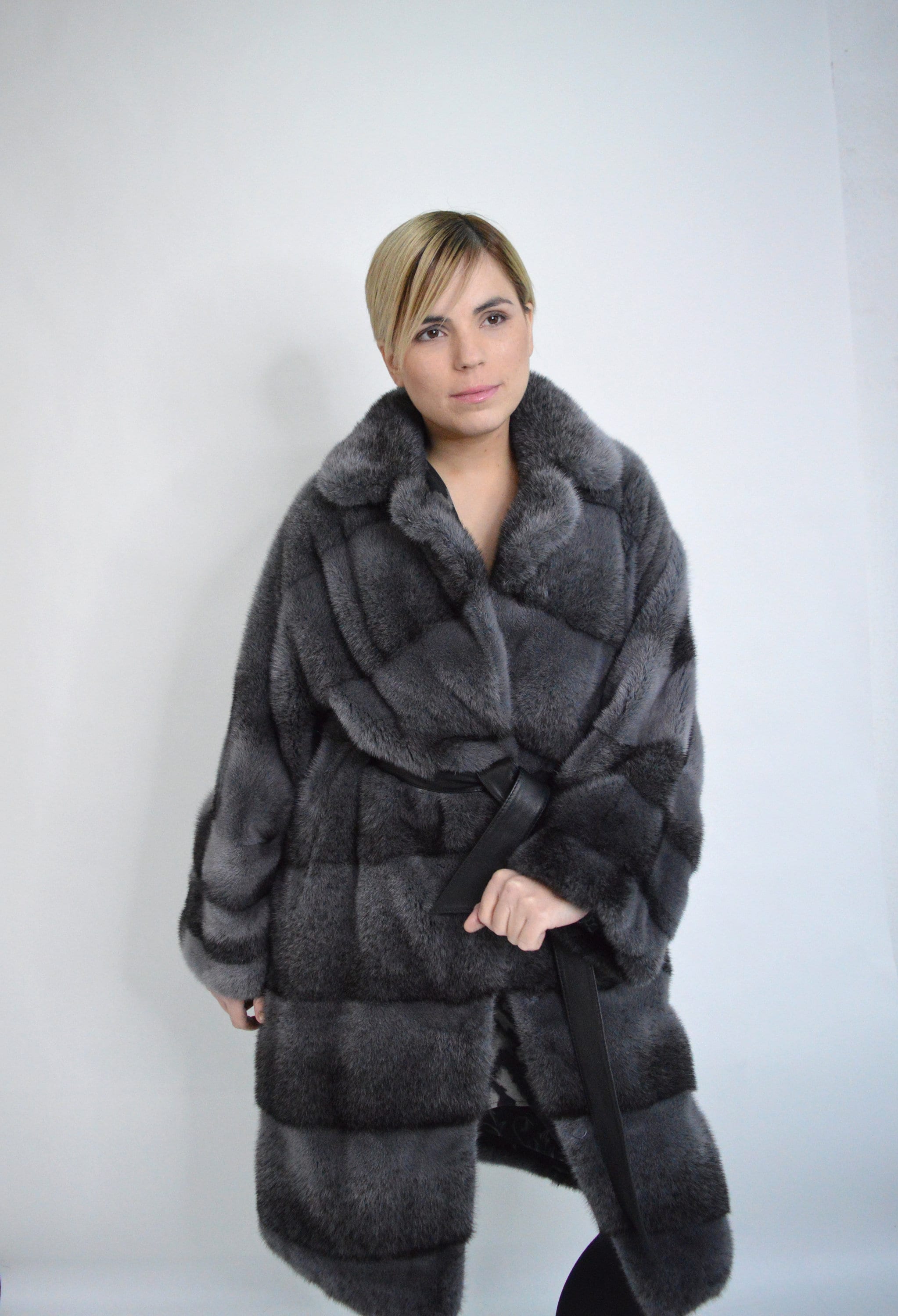 BeFur Real Gray Mink Fur Coat Kimono, Black Cross Dyed Mink Fur Hooded Stroller, Stunning Full Skin Mink Pelts with Leather Belt. Luxury Gift.