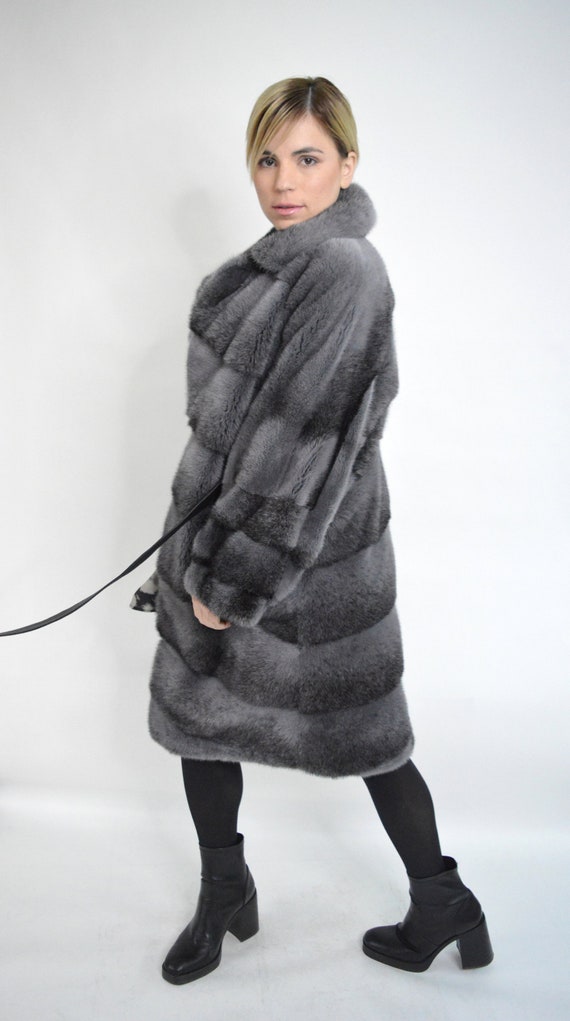Real Grey Mink Fur Coat Kimono Black Cross Dyedplus Size Mink Fur