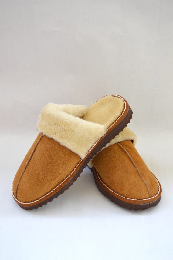 Tan brown genuine shearling slippers for women. Sheepskin | Etsy