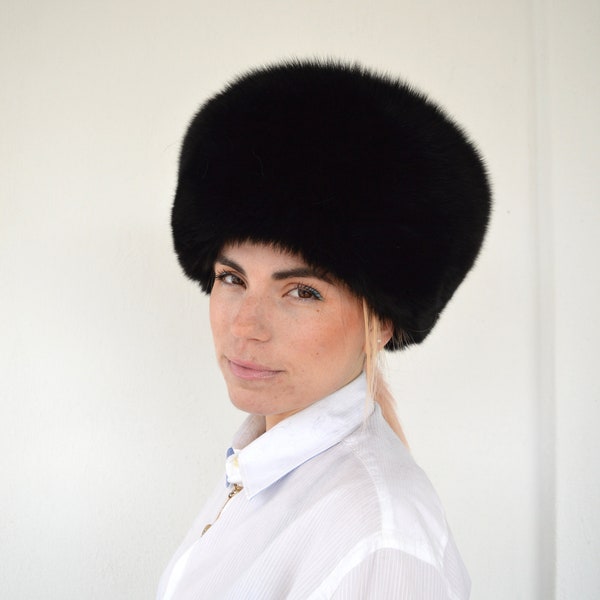 Real black fox fur hat Russian Cossack winter fur hat with padded lining made from full skin, head fur warmer.Luxury fur gift.