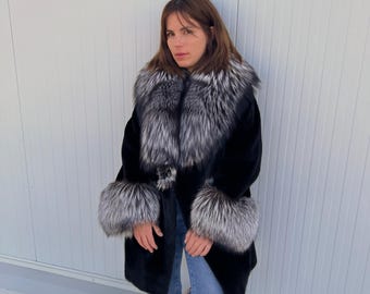 Blackglama Mink Fur Stroller Coat: Silver Fox Collar & Cuffs, Handmade Luxury Jacket (Large)