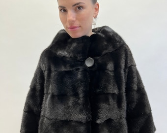 Abrigo horizontal de piel de visón Blackglama real, lujoso abrigo de piel de visón negro flexible cálido y práctico chaleco de piel completa. Regalo de pieles de lujo.