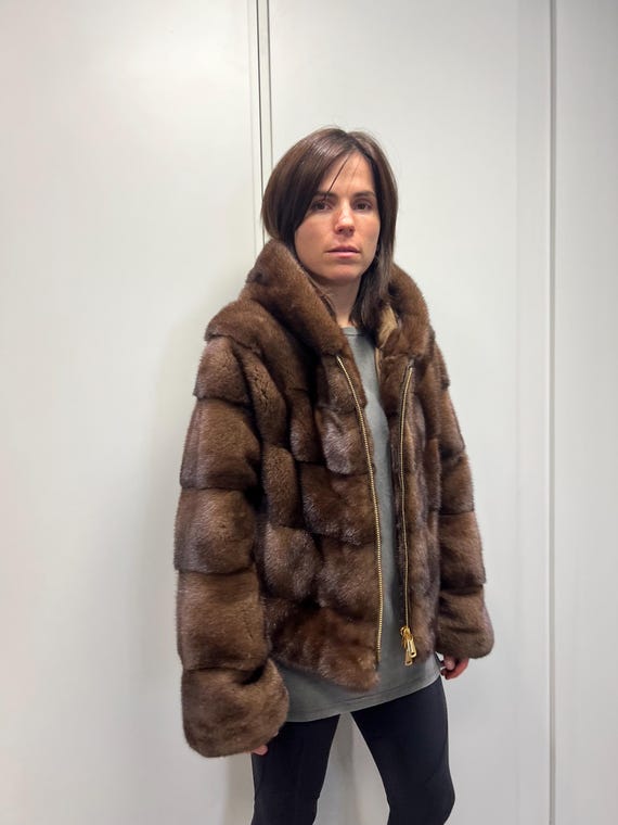 Brown Hooded Mink Fur Jacket: Handmade Saga Mink Coat - Etsy
