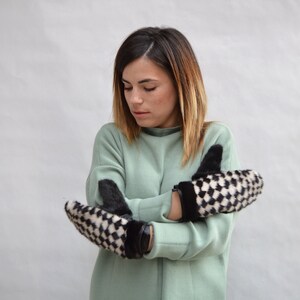 Real mink fur mittens in chess genuine fur for adults with adjustable string around neck and nappa leather. Fur accessory luxury fur gift.