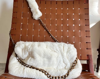 Real cloud pouch rex rabbit fur in white color stunning slouchy shoulder bag with two bronze straps. Unique Luxury fur gift cross-bag.