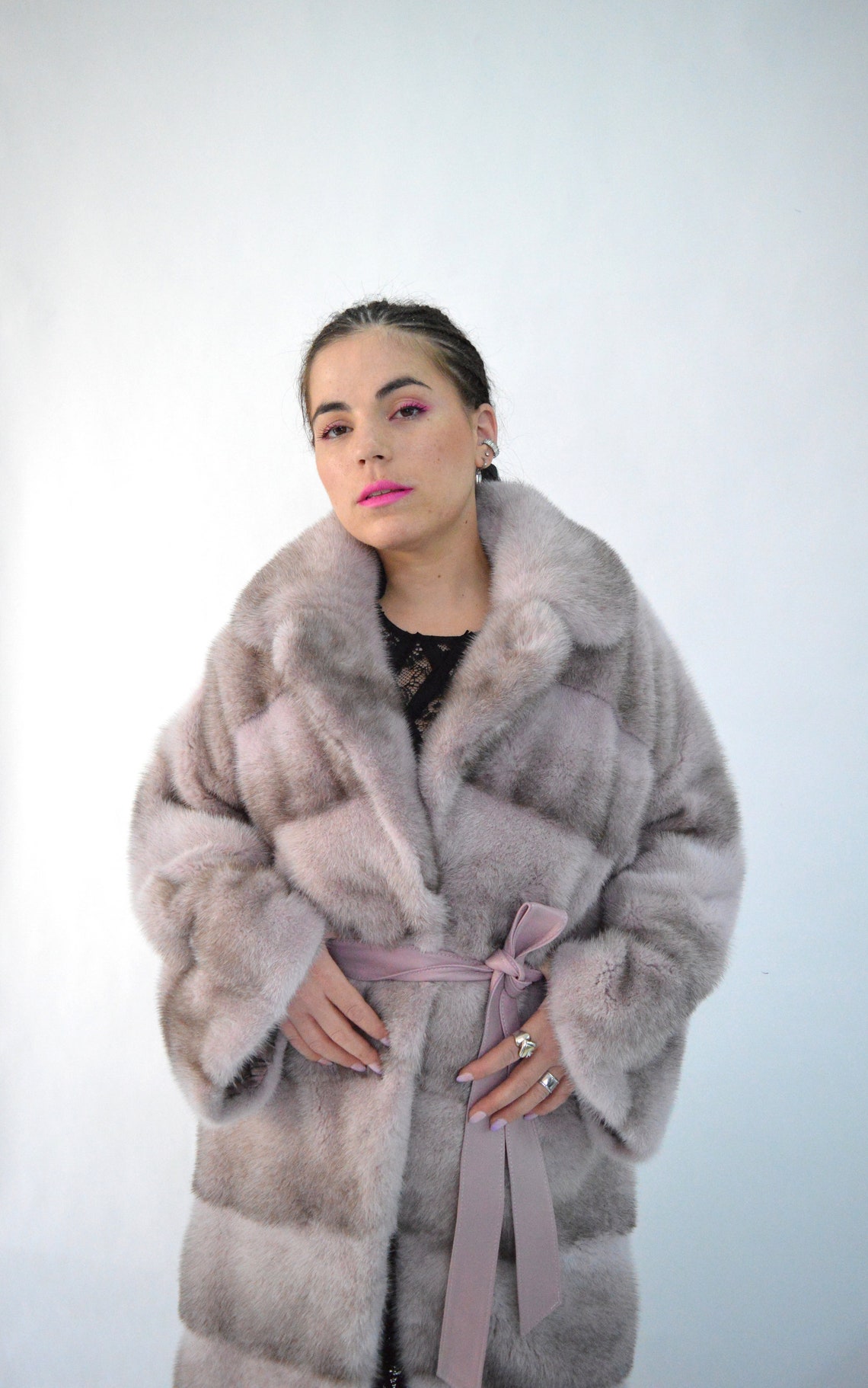 Real pink mink fur coat kimono black cross dyed mink fur Etsy
