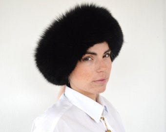 Real black fox fur headband or collar. Elastic winter fur loop scarf, stylish neck or head warmer. Genuine full skin fox fur, luxury gift