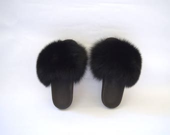 Real Fox Fur Slides Black Fluffy Slides Rubber Fur Sandals 