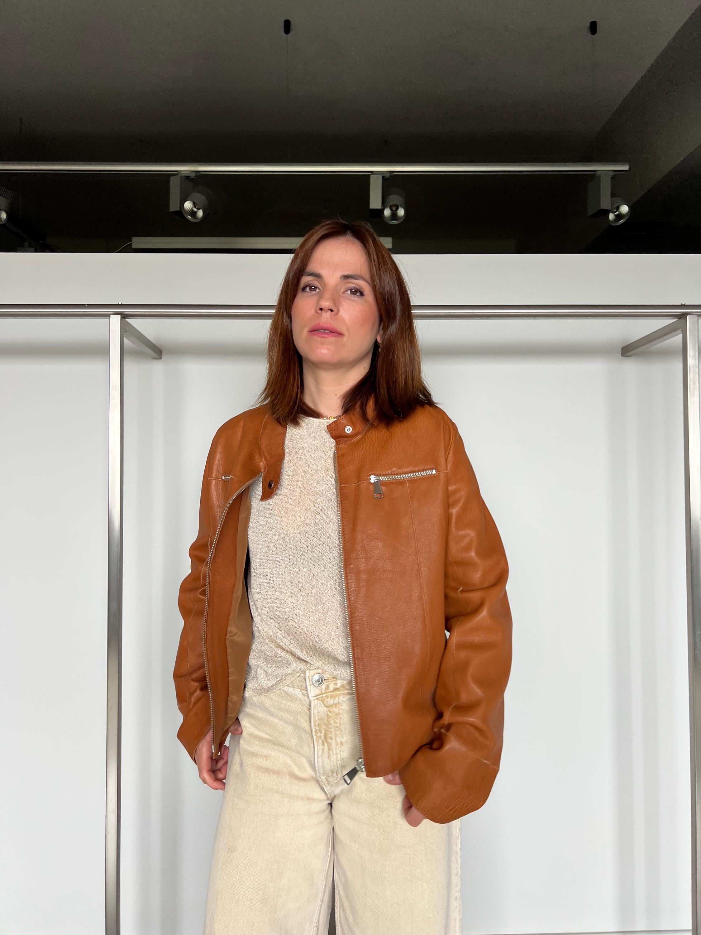 Handmade Tan Brown Lamb Leather Jacket: Whiskey Crackle S (small