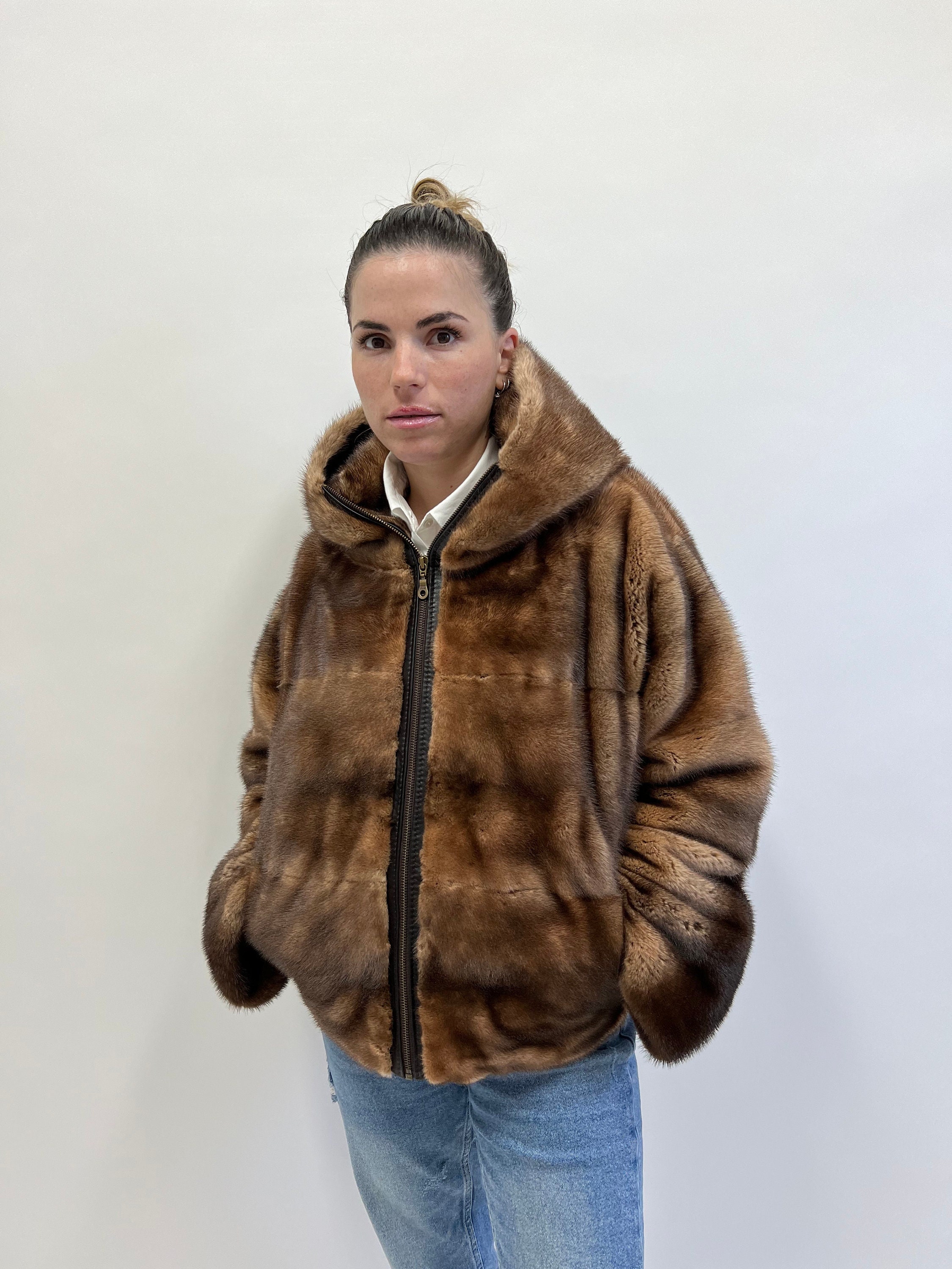 Real tan brown degrade fur mink jacket Saga furs with elastic back hem. Stylish and easy to wear hooded mink. Luxury fur gift.