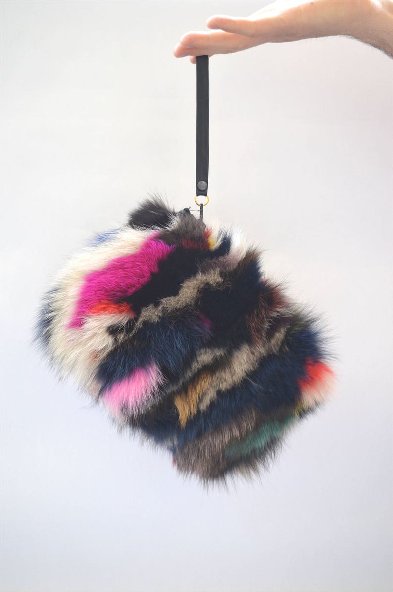 Real fox fur bag, real fur clutch bag, genuine leather handbag , wristlet real fur purse, zipped genuine fox fur pouch, evening fur bag. image 5