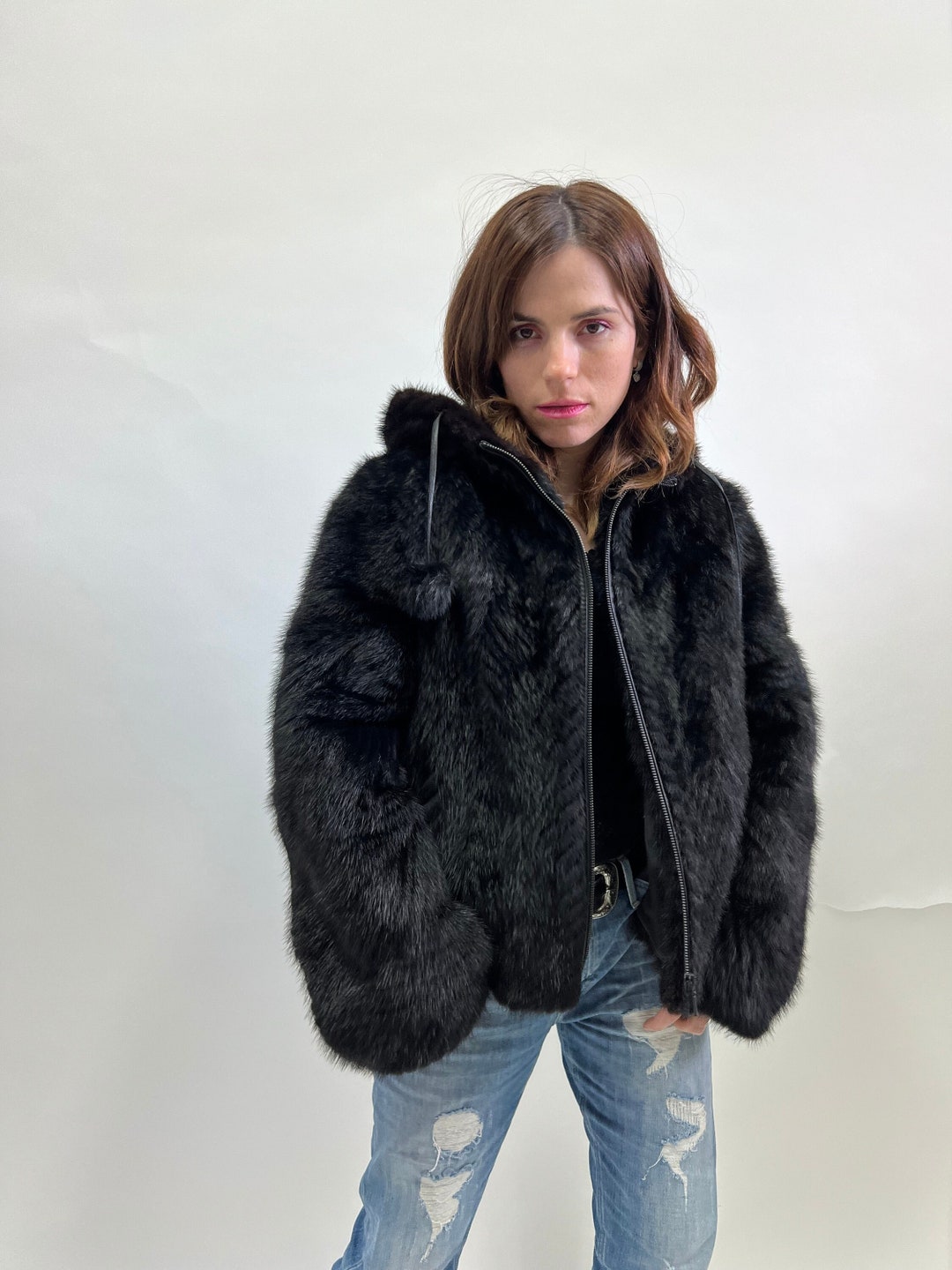 Real Mink Fur Let Out With Leather Trim Hooded Jacket. Everyday Warm Mink Fur Bomber With Pots