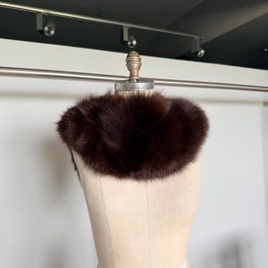 May include: A dark brown fur collar displayed on a mannequin. The collar is a rich, deep shade of brown, with a fluffy texture. The mannequin is a neutral beige color, and the background is a plain white.