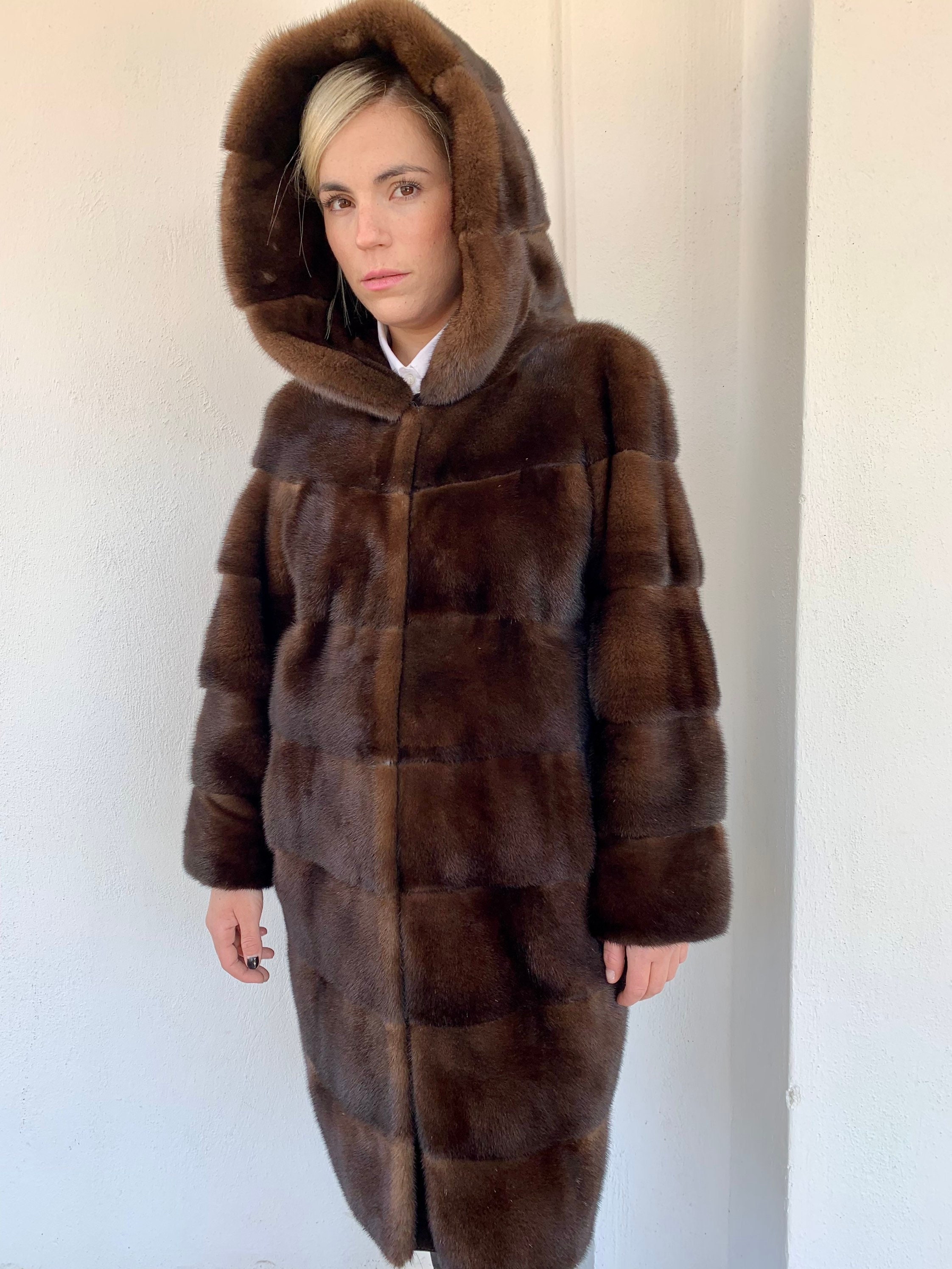 Dark brown mink fur coat - partly pelts across