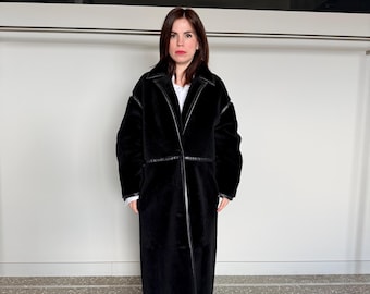Reversible Black Shearling Fur coat :Extremely warm Sheepskin long Coat with genuine leather.