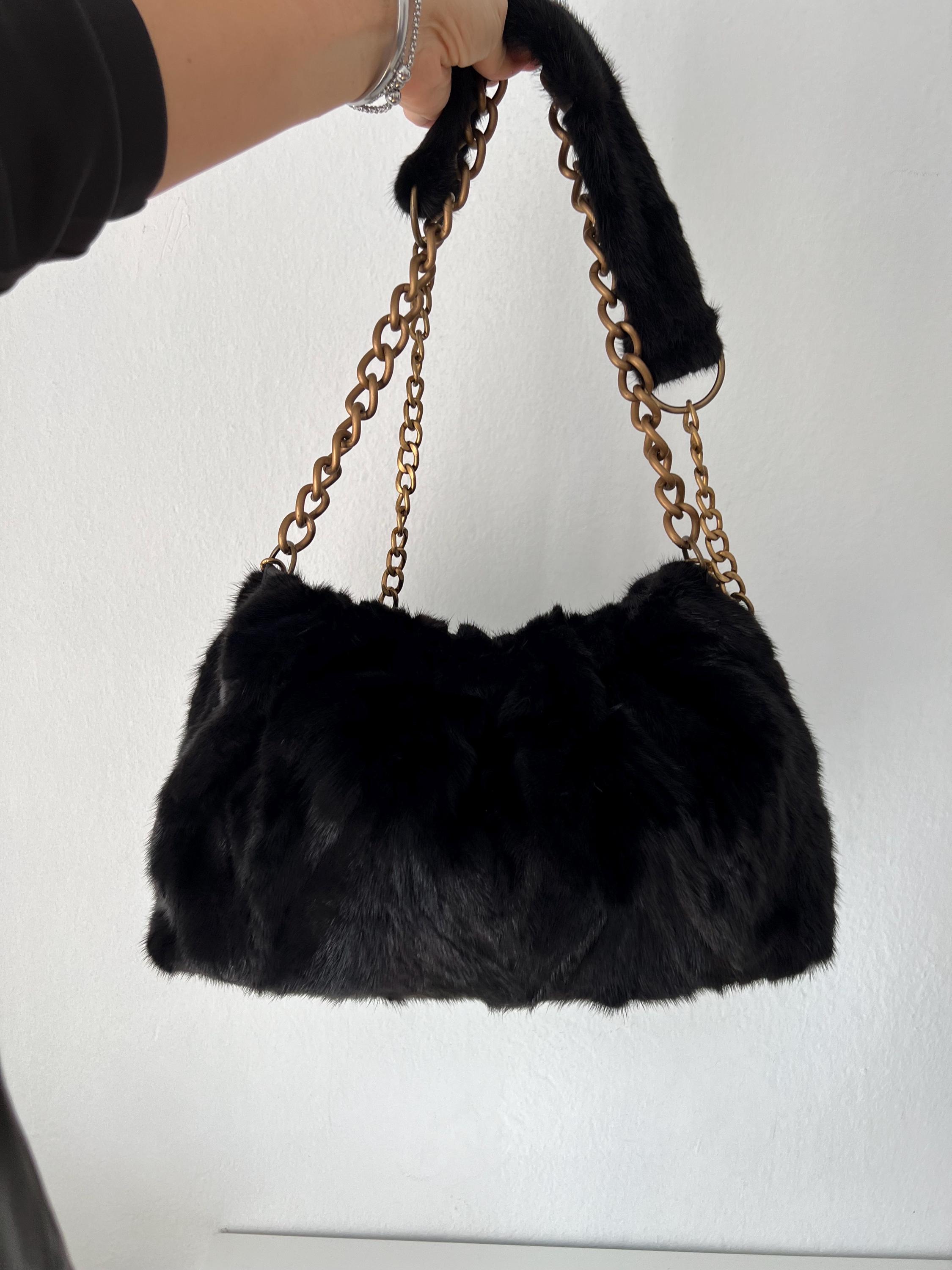 Sac Bandoulière En Cuir Véritable Et Fourrure Rasée, Noir, Taille Petit, Vintage - Occasion TBE