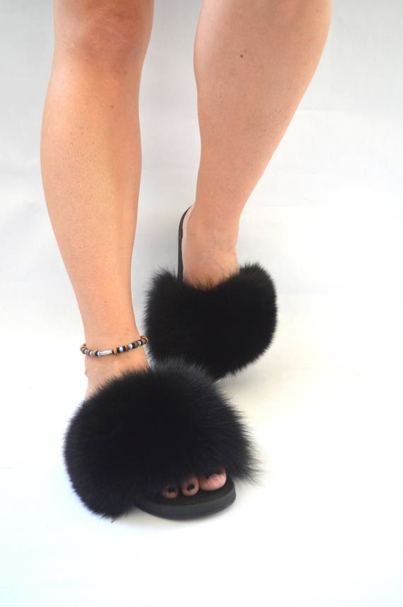 Black-Max Large XXL Real Fox Fur Slides Womens Slippers Sandals