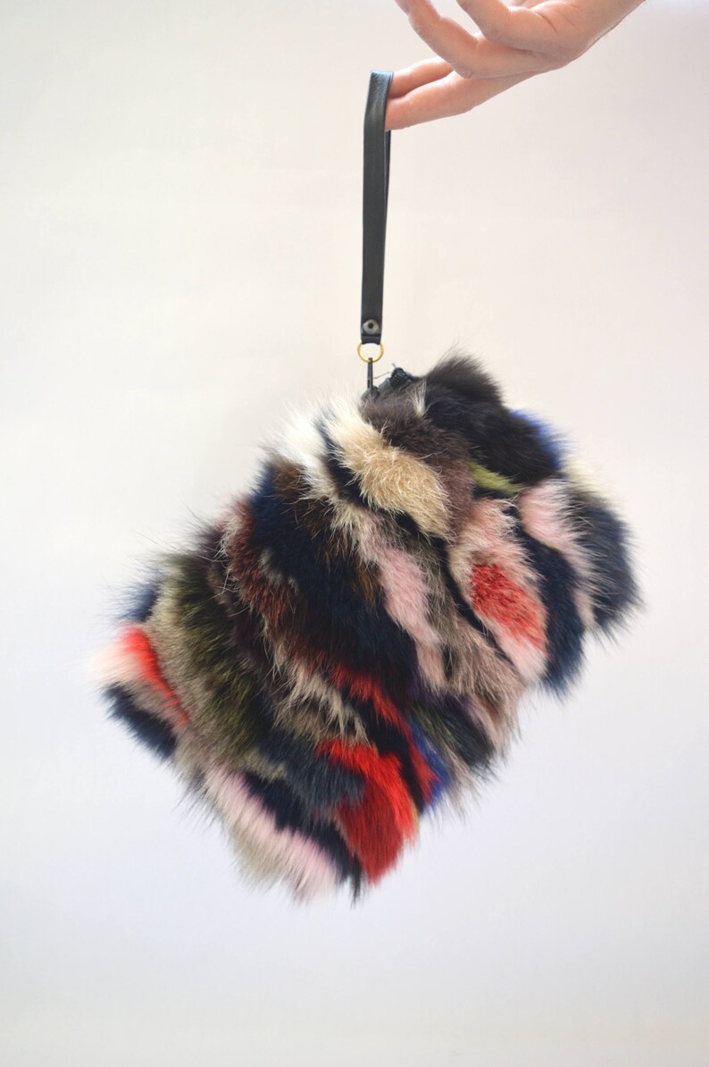Real fox fur bag, real fur clutch bag, genuine leather handbag , wristlet real fur purse, zipped genuine fox fur pouch, evening fur bag. image 2