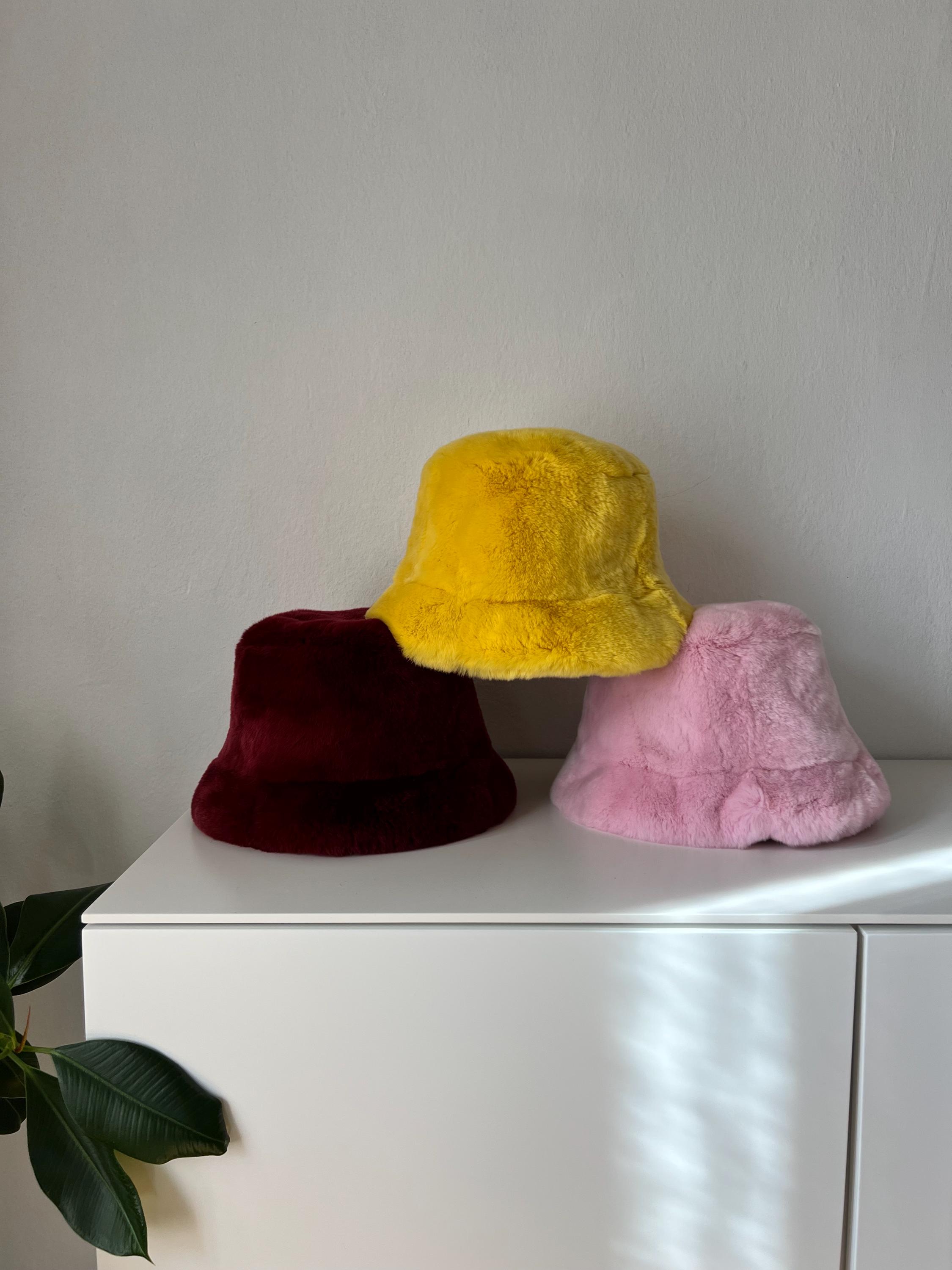 Burgundy Mink Fur Bucket Hat: Handmade Rabbit Fur With 