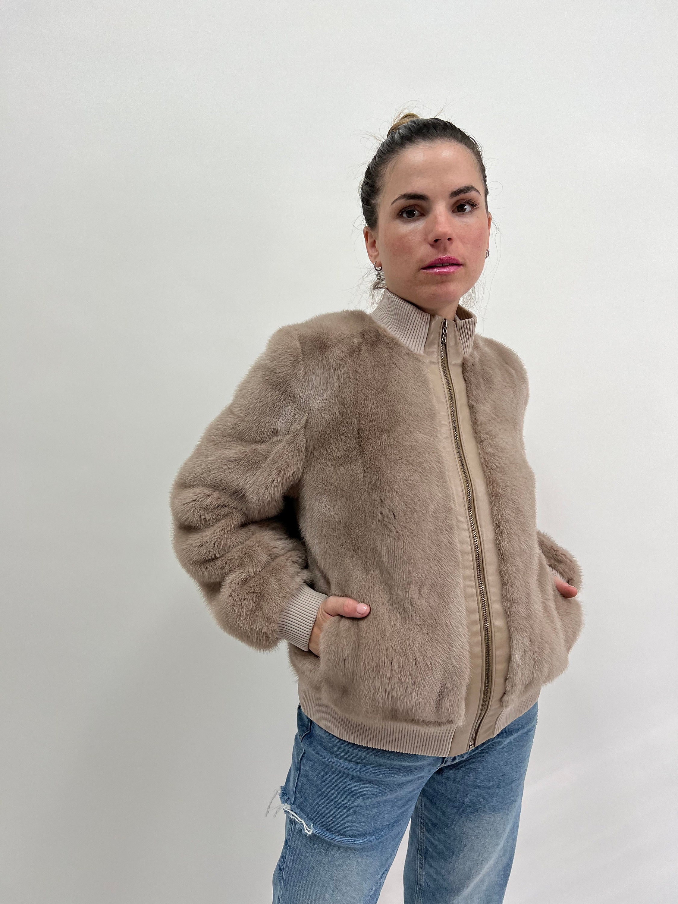 Real Taupe Fur Mink Bomber With Knit and Leather . Stylish and 