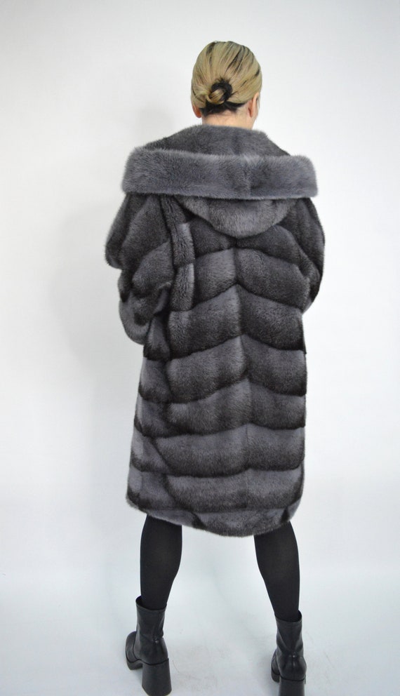 BeFur Real Gray Mink Fur Coat Kimono, Black Cross Dyed Mink Fur Hooded Stroller, Stunning Full Skin Mink Pelts with Leather Belt. Luxury Gift.