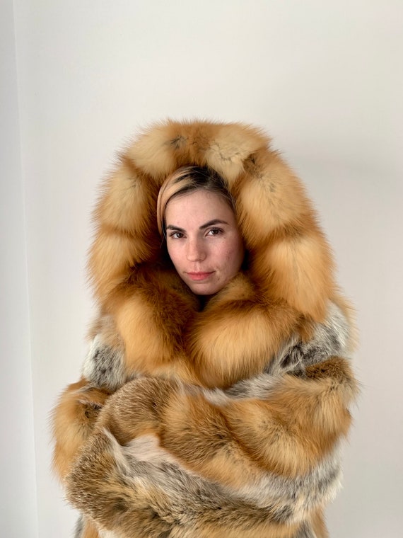 Red hooded cheap fur coat