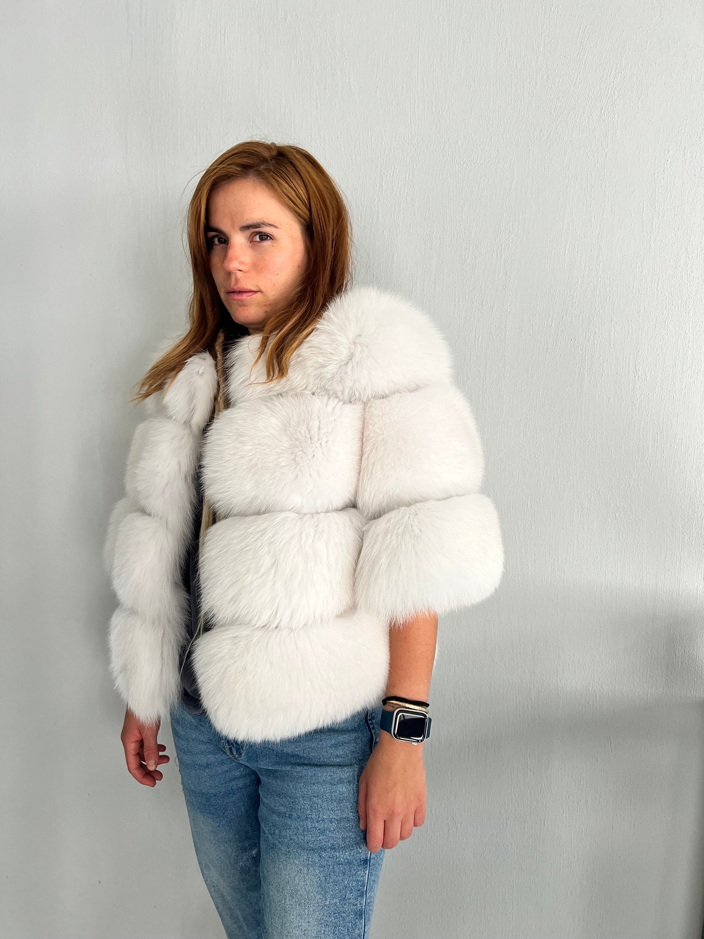 110cm Women Luxury Full Pelt Real White Fox Fur Coat Genuine Natural Fur  Jacket