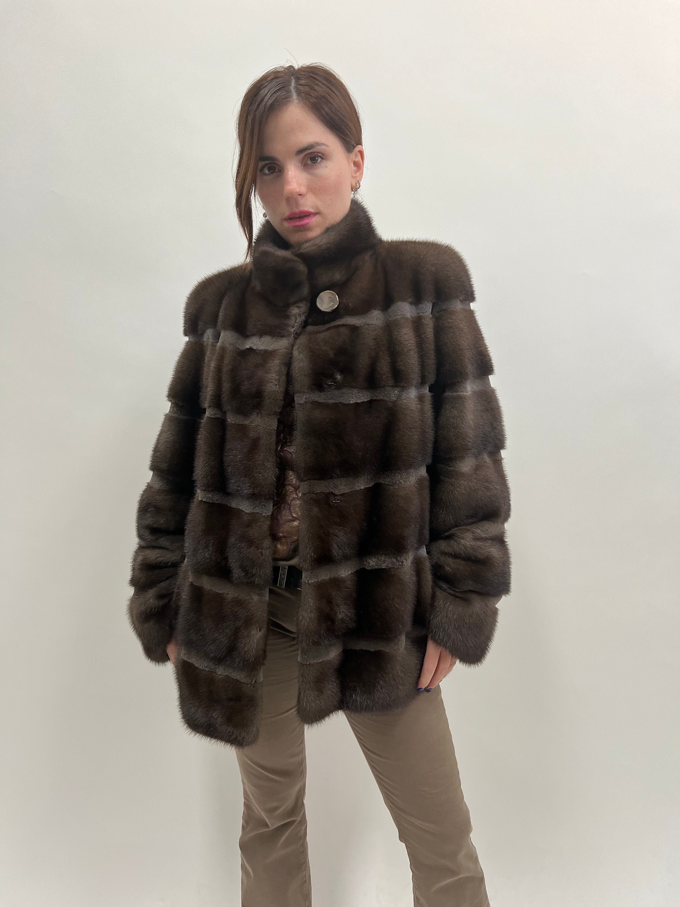 Real brownish mink Saga fur horizontal coat with sheared fur supple mink fur trim. Grayish full skin affordable fur jacket.Luxury fur gift.