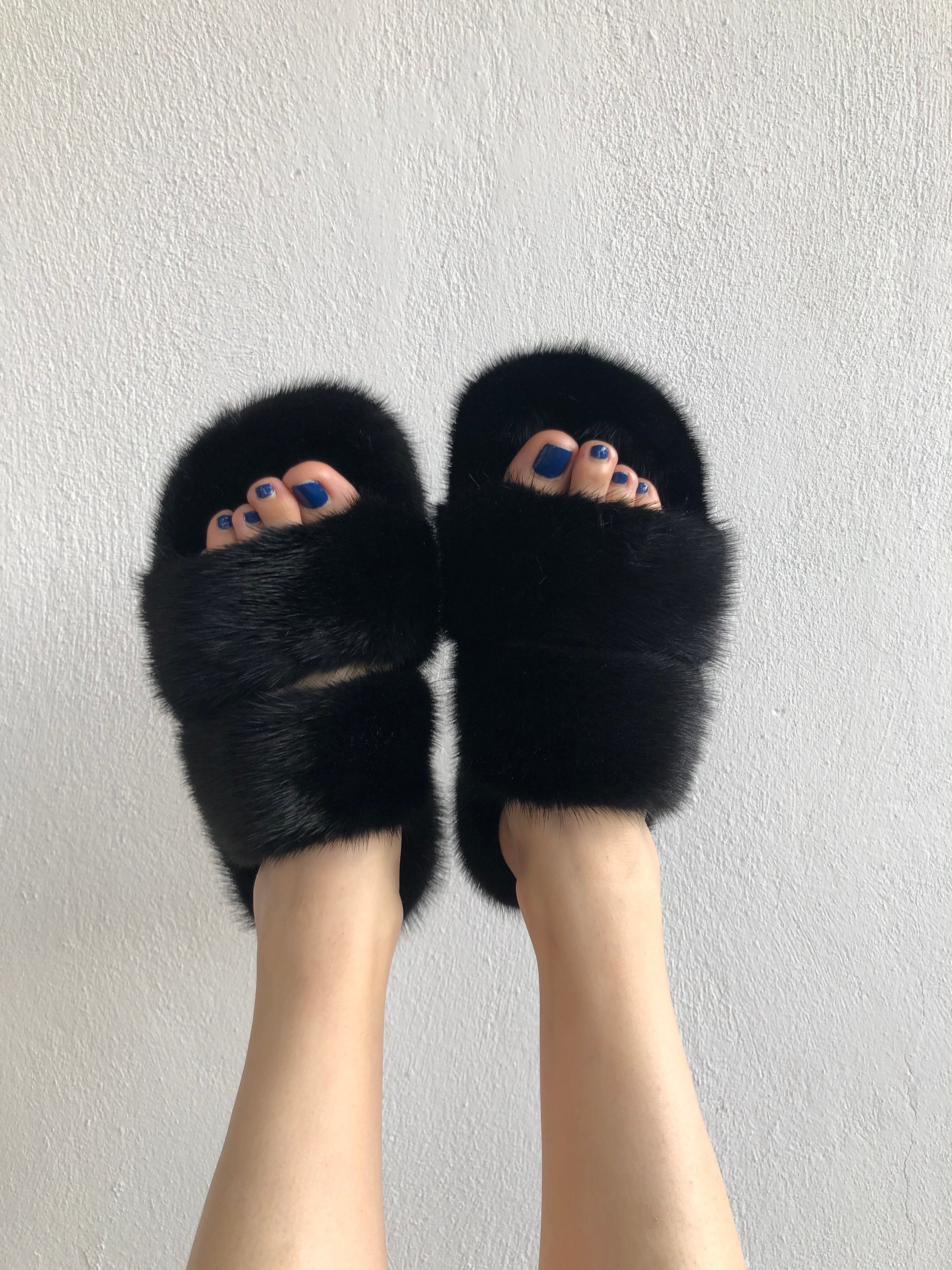Real Fur Slides in Black Mink Full Skin Rubber Fur Slippon | Etsy