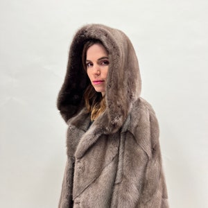 Real cloud mink fur diagonal coat, lavish warm grey supple mink fur hooded jacket.Copehnagen fur quality in affordable luxury mink fur gift.