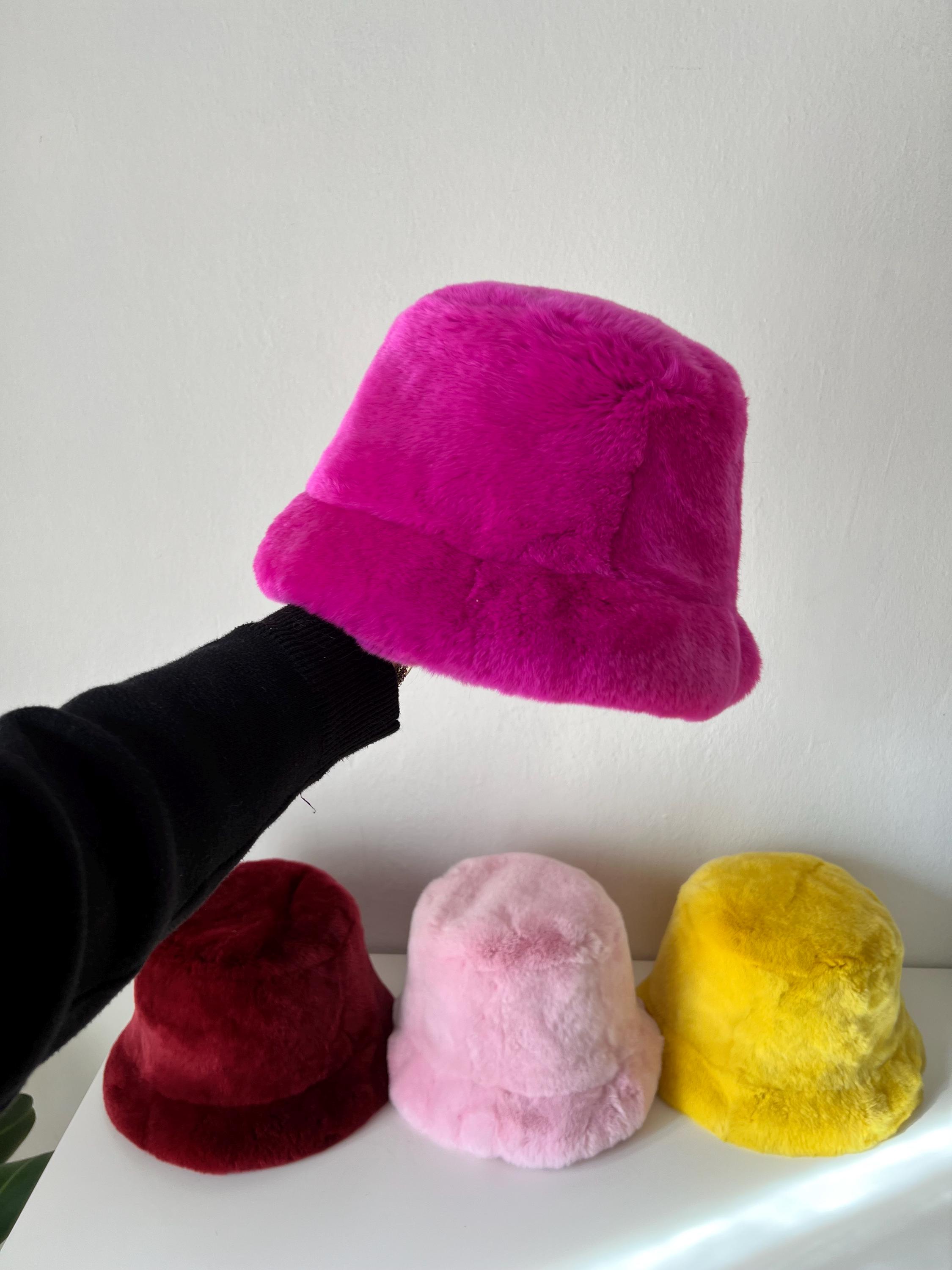 Burgundy Mink Fur Bucket Hat: Handmade Rabbit Fur With  display picture 3