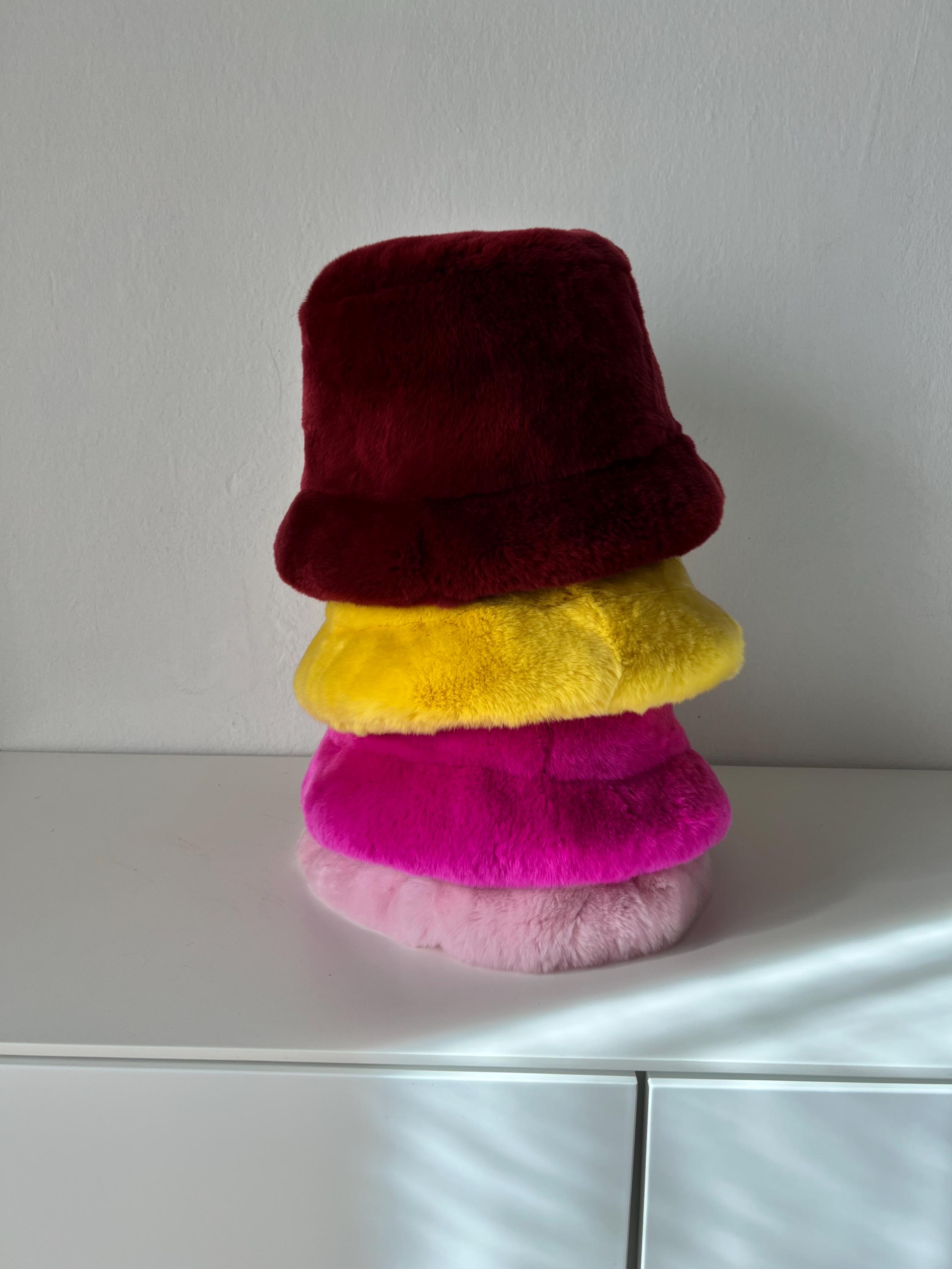 Women\'s Mink Fur Bucket Hat - Burgundy Multi Burgundy black two tone faux fur bucket hat – Tulip Bridal main image 2