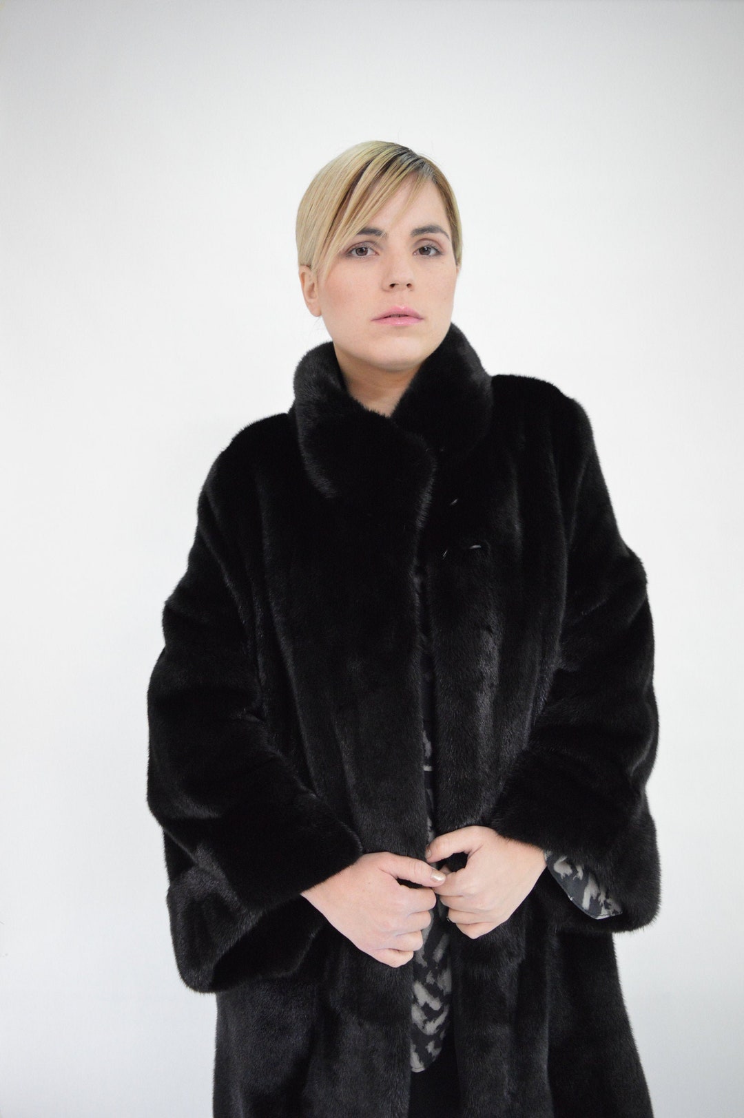 Real Velvet Mink Fur Plus Size Coat Superior Black Mink Fur 