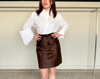 Handmade hair on brown, calf skin Leather short skirt with lining. Premium calf skin fur quality.