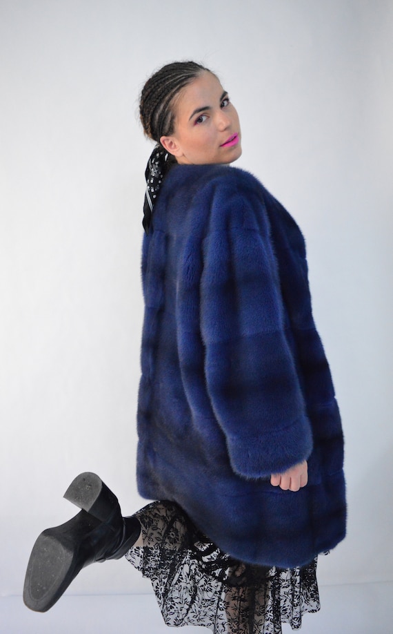 Real Navy Blue Mink Fur Coat Cross Mink Stroller Stunning Full