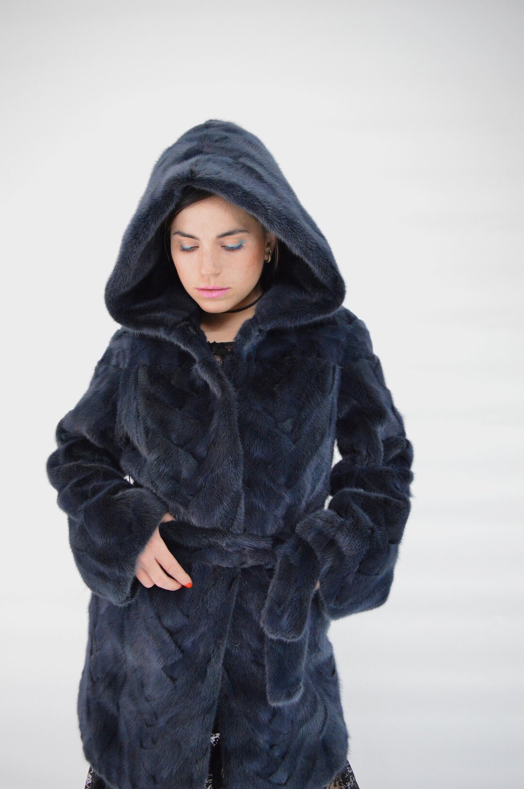 Real Dark Blue Mink Fur Coat With Hood and Belt. Genuine Mink - Etsy