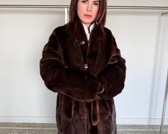 Reversible Demi Buff Mink Fur Coat with Suede Leather: Long Collarless Stroller (Handmade Greece)