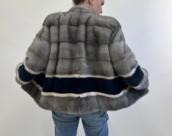 Sapphire Mink Fur Jacket: Navy, White & Grey Modern Coat - Etsy Canada