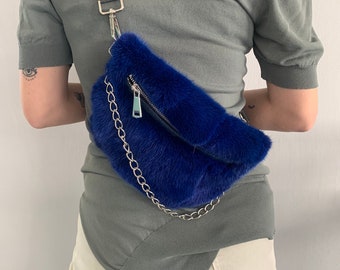 Real mink fur bumbag in electric blue with chain and strap for waist, back or shoulder. Soft and lined fanny mink fur bag. Luxury gift