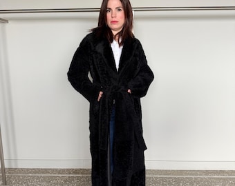 Handmade Black Shearling Fur Jacket:Long super warm Sheepskin Coat