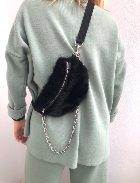 Real Mink Fur Bumbag in Black With Chain and Zipper Wearable | Etsy