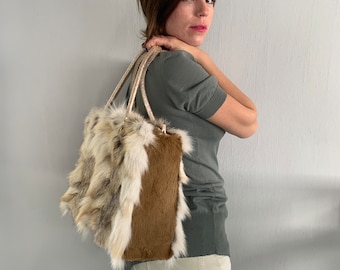 Genuine golden island  fox fur bag in white real fox fur handbag.Luxury fur gift, fox fur portfolio shoulder business bag. Evening fur bag.