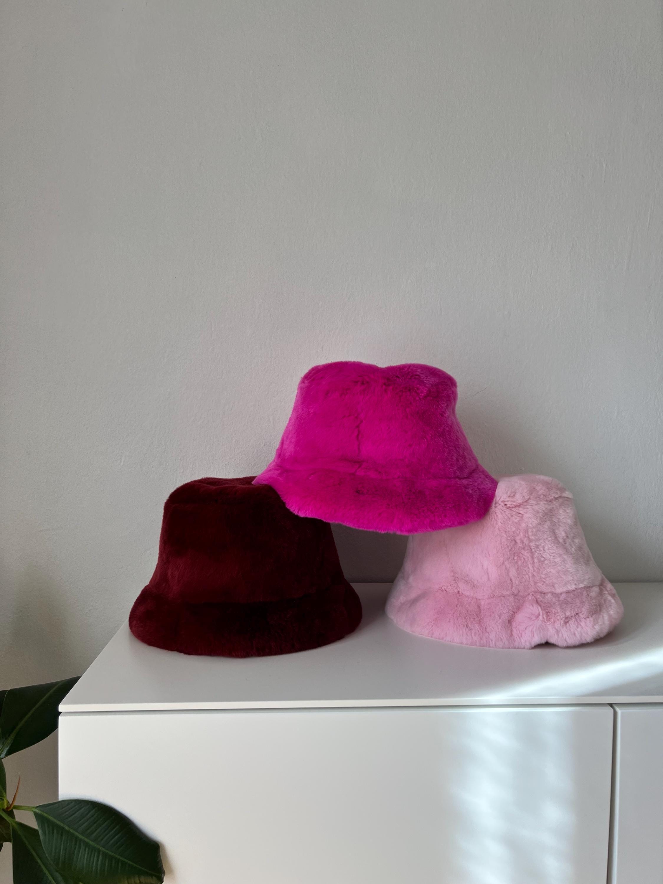 Burgundy Mink Fur Bucket Hat: Handmade Rabbit Fur With  display picture 2